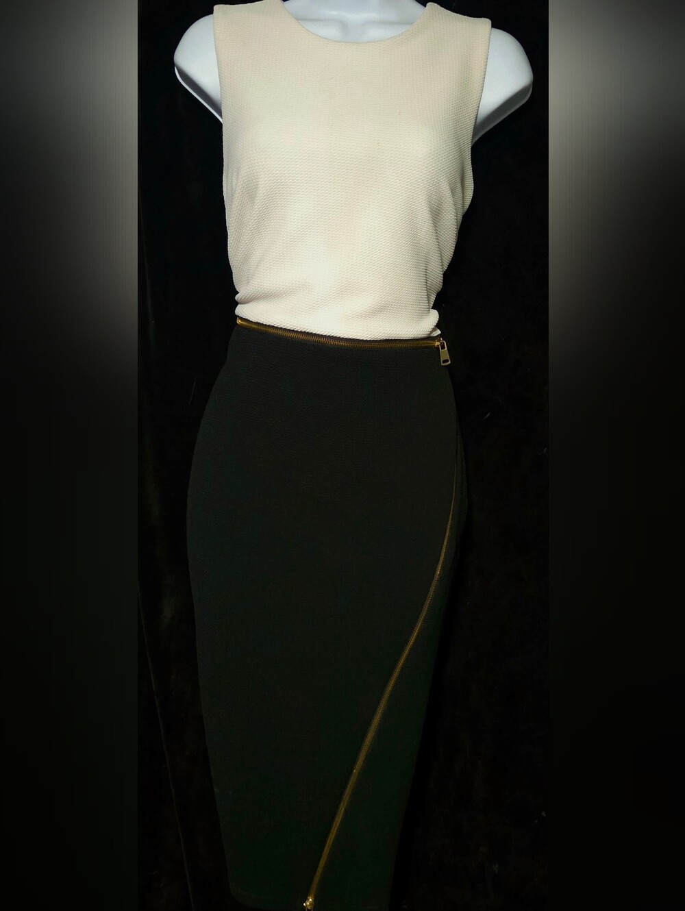 Black Pencil Skirt with Diagonal Gold Zip Accent